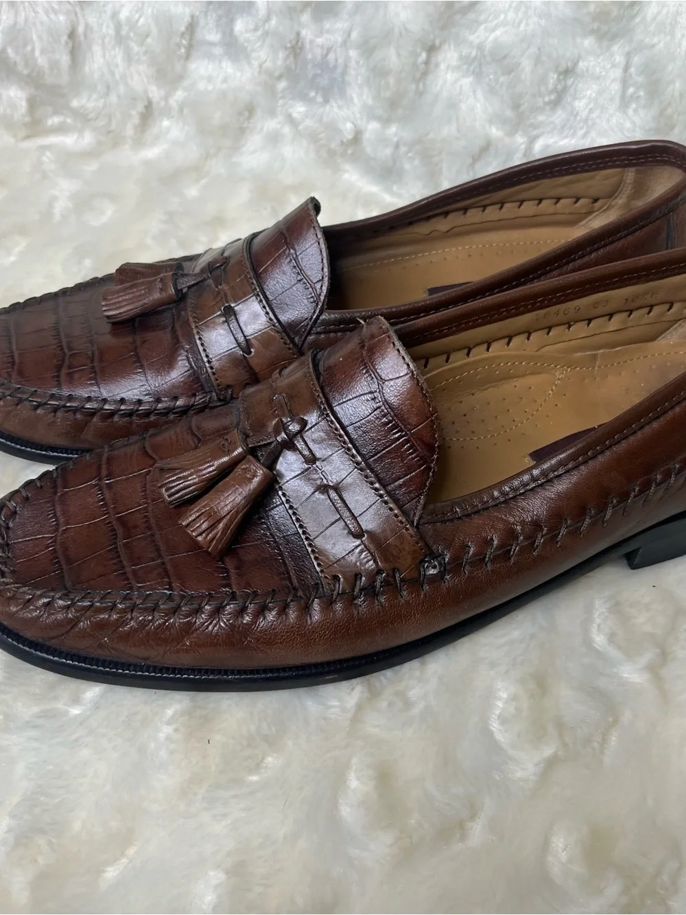 Vintage Florsheim Leather Pisa Moc Toe Tassel Crocodile Print Loafers Size 10.5B
